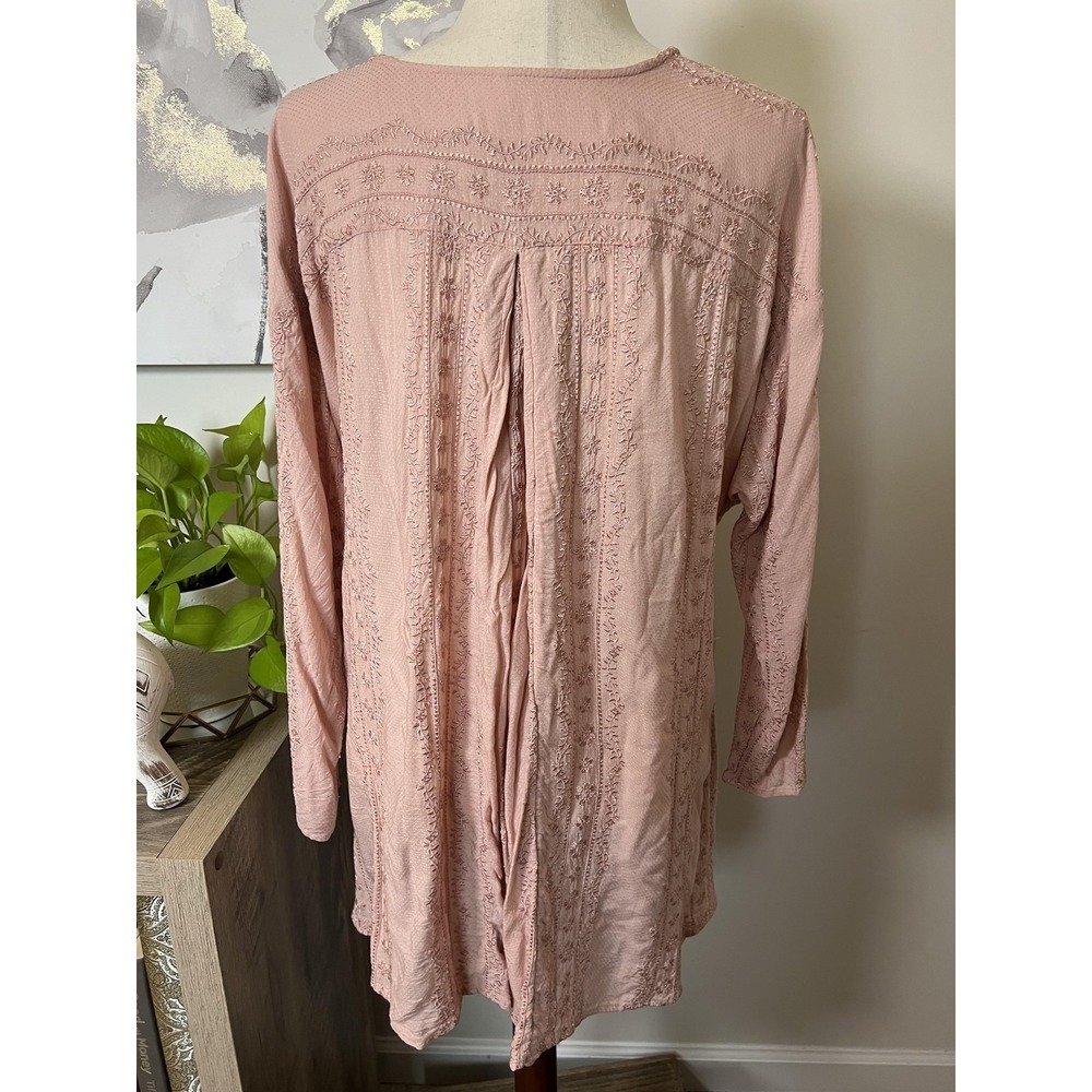 Free People Top Womens XS Pink Embroidered Tunic Deep V Boho Cottage Fairy - Picture 6 of 8